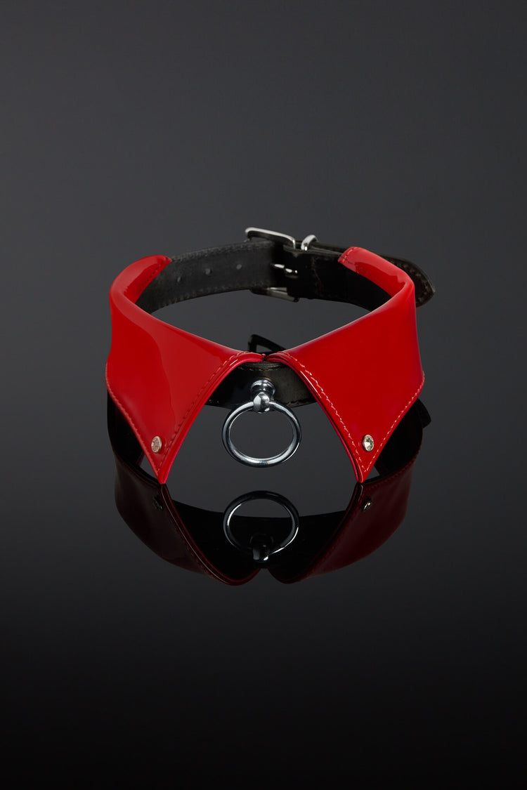 Red leather collar with a metal ring on a black background
