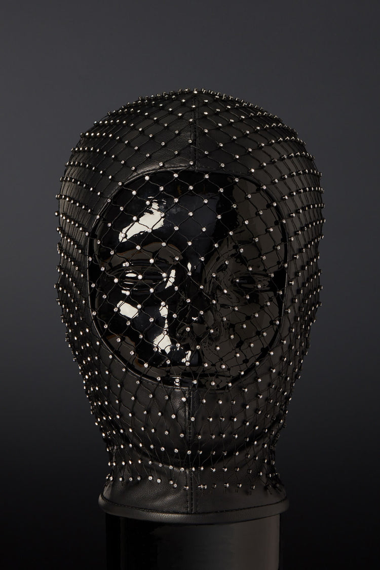 An elegant black leather hood with a mesh fabric veil adorned with rhinestones, designed to fit most head sizes.