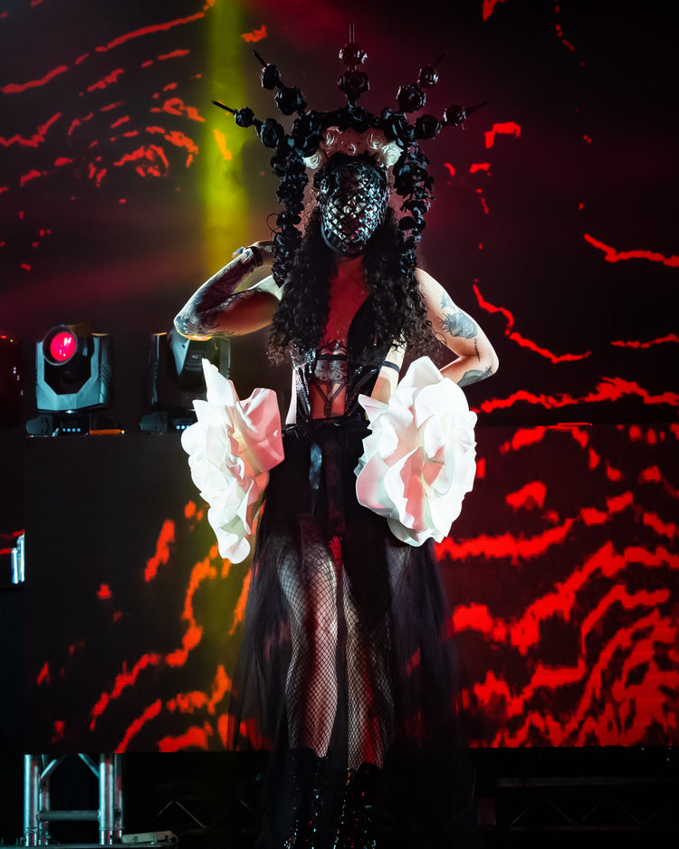 Model wearing the Corsage fashion runway ensemble