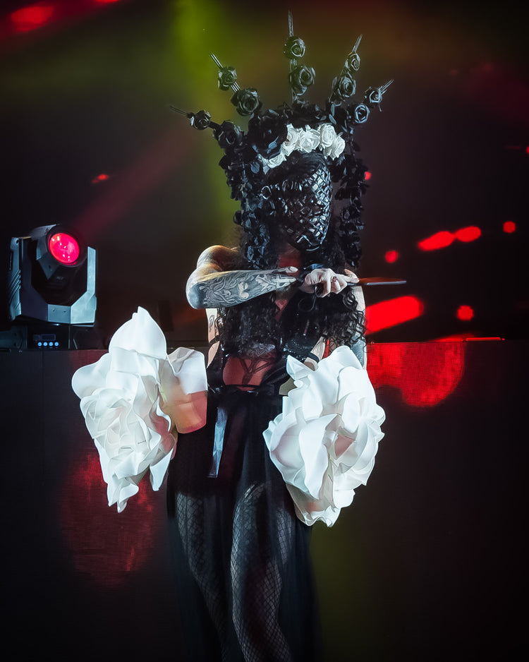 Model wearing the Corsage fashion runway ensemble