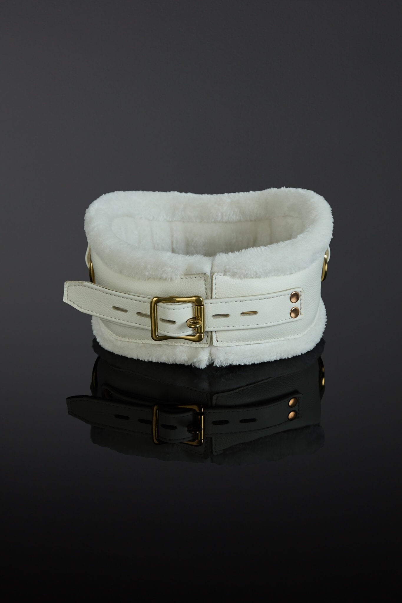 White fur collar with gold buckle on a reflective black surface