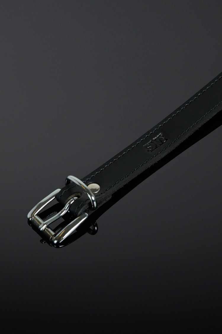 Black leather collar with silver buckle on a dark gray background