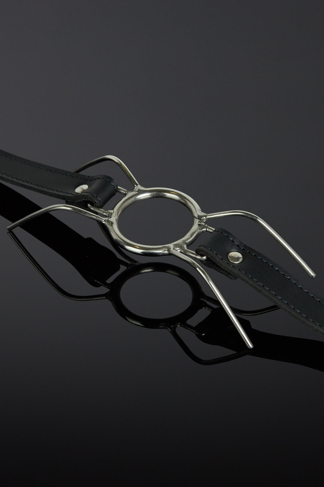 Black leather belt with silver clasp on a reflective black surface
