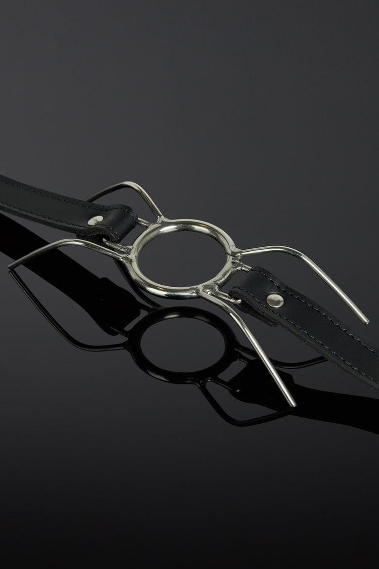 Black leather belt with silver clasp on a reflective black surface