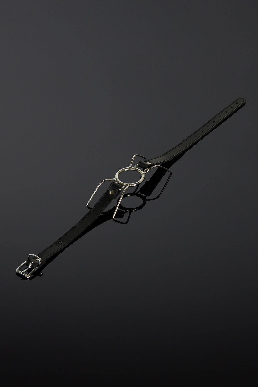 Black leather gag with silver buckle on a dark background