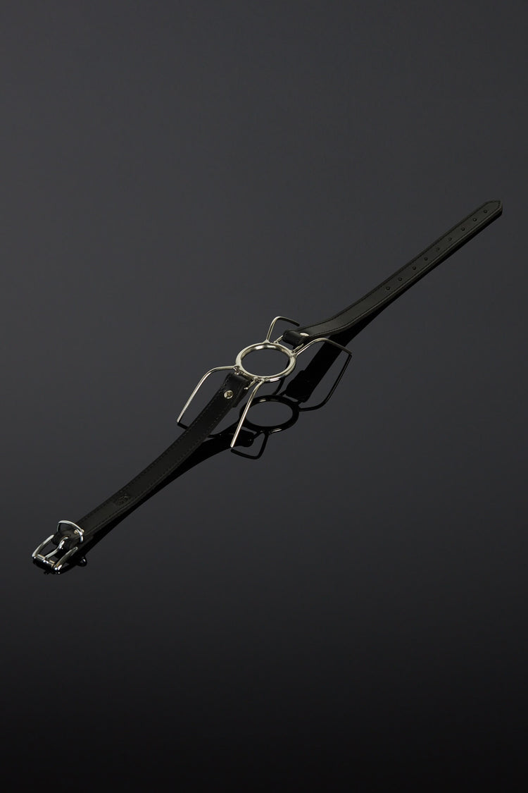 Black leather gag with silver buckle on a dark background