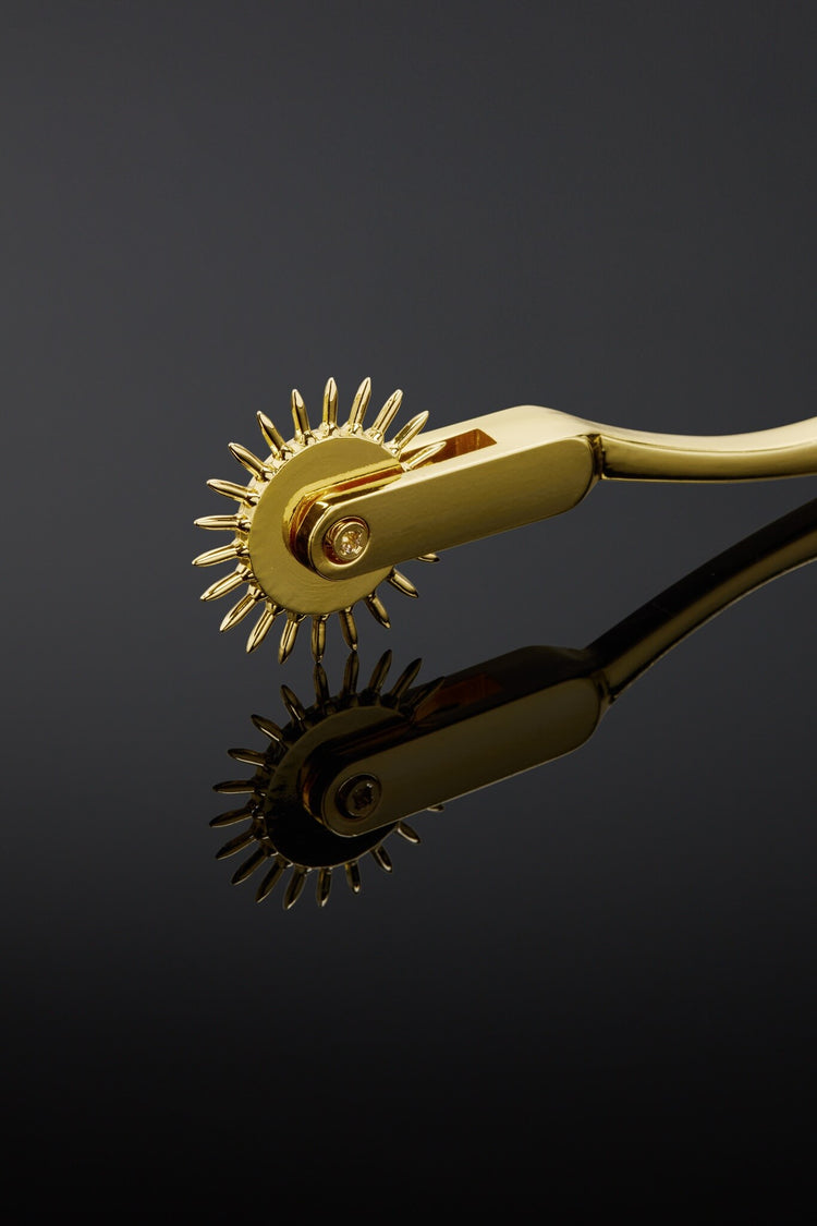 Gold metal tool with spiky ends on a black background