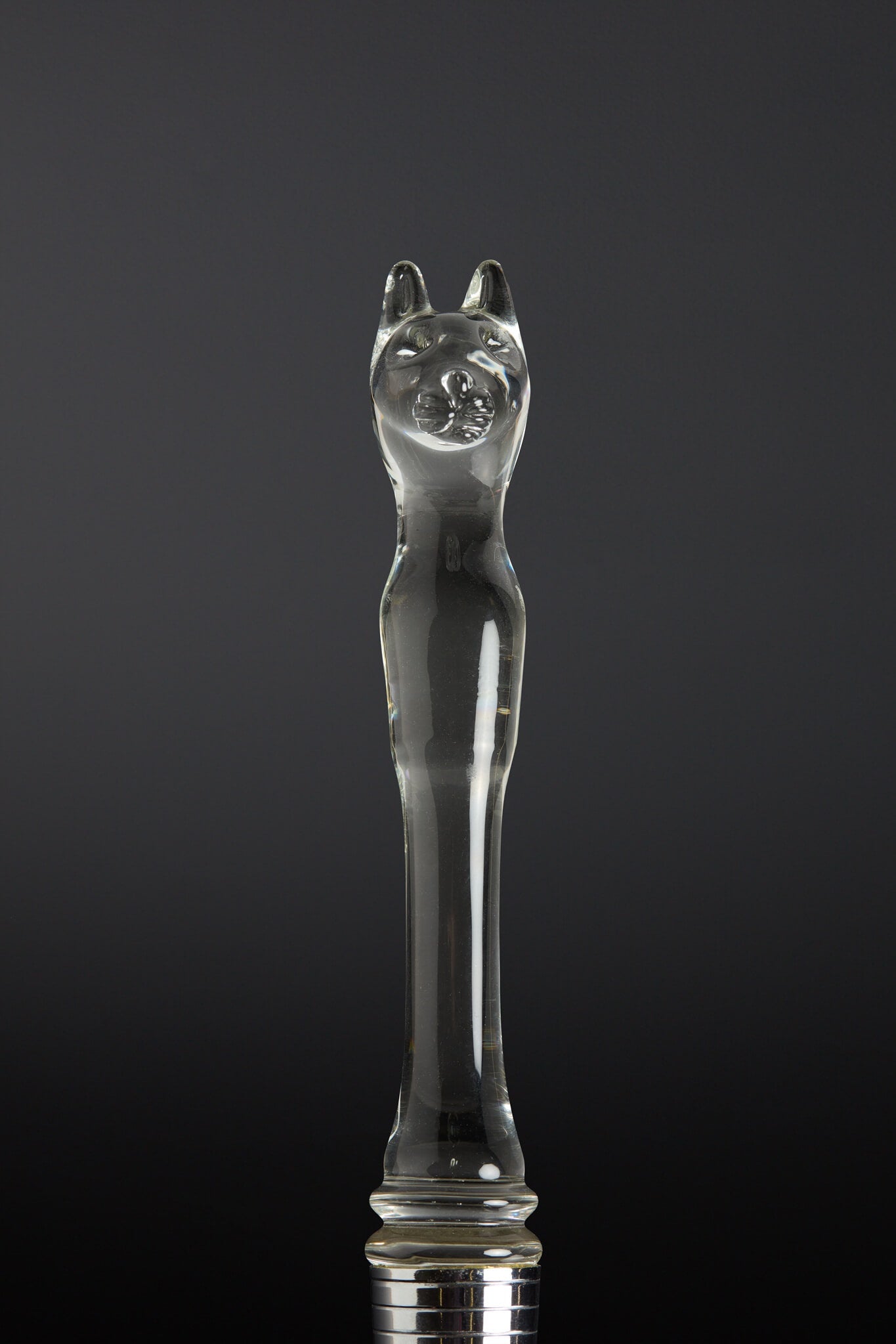 Clear glass object shaped like a cat on a black background