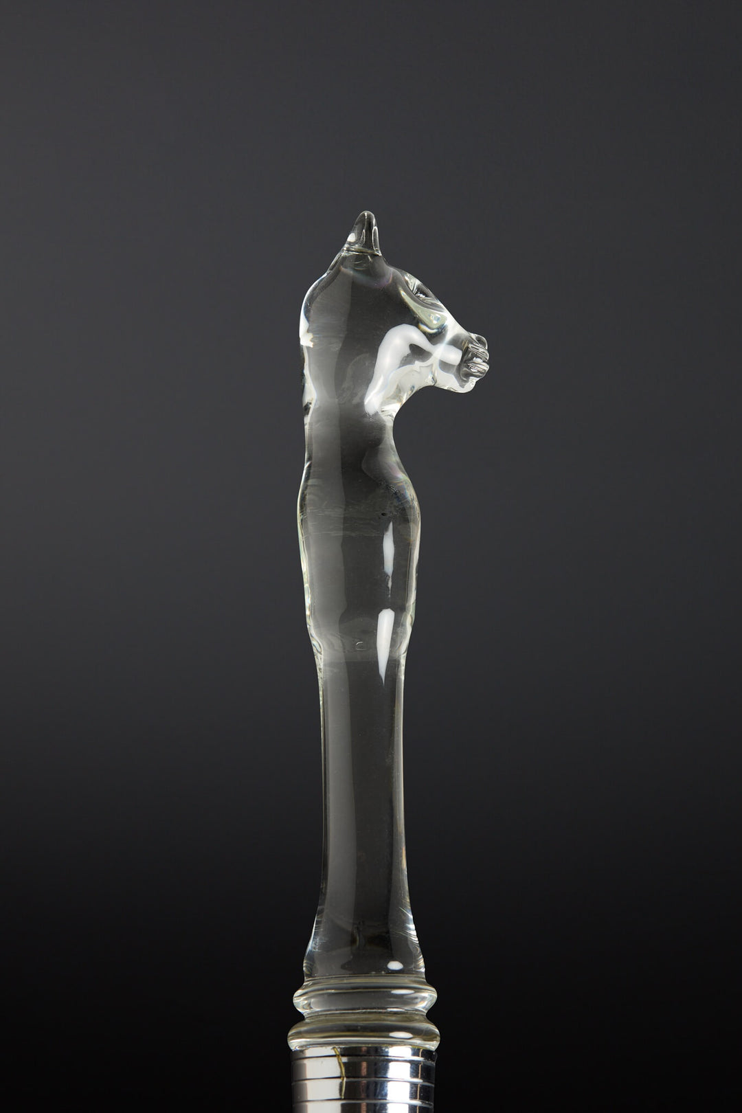 Clear glass handle with cat head design on a black background