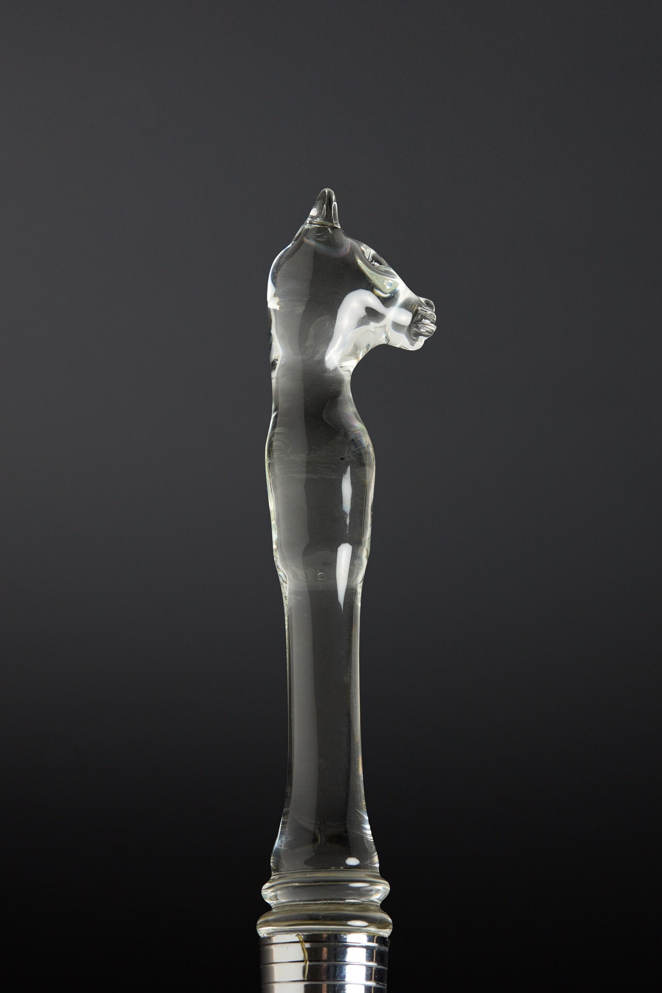 Clear glass handle with cat head design on a black background