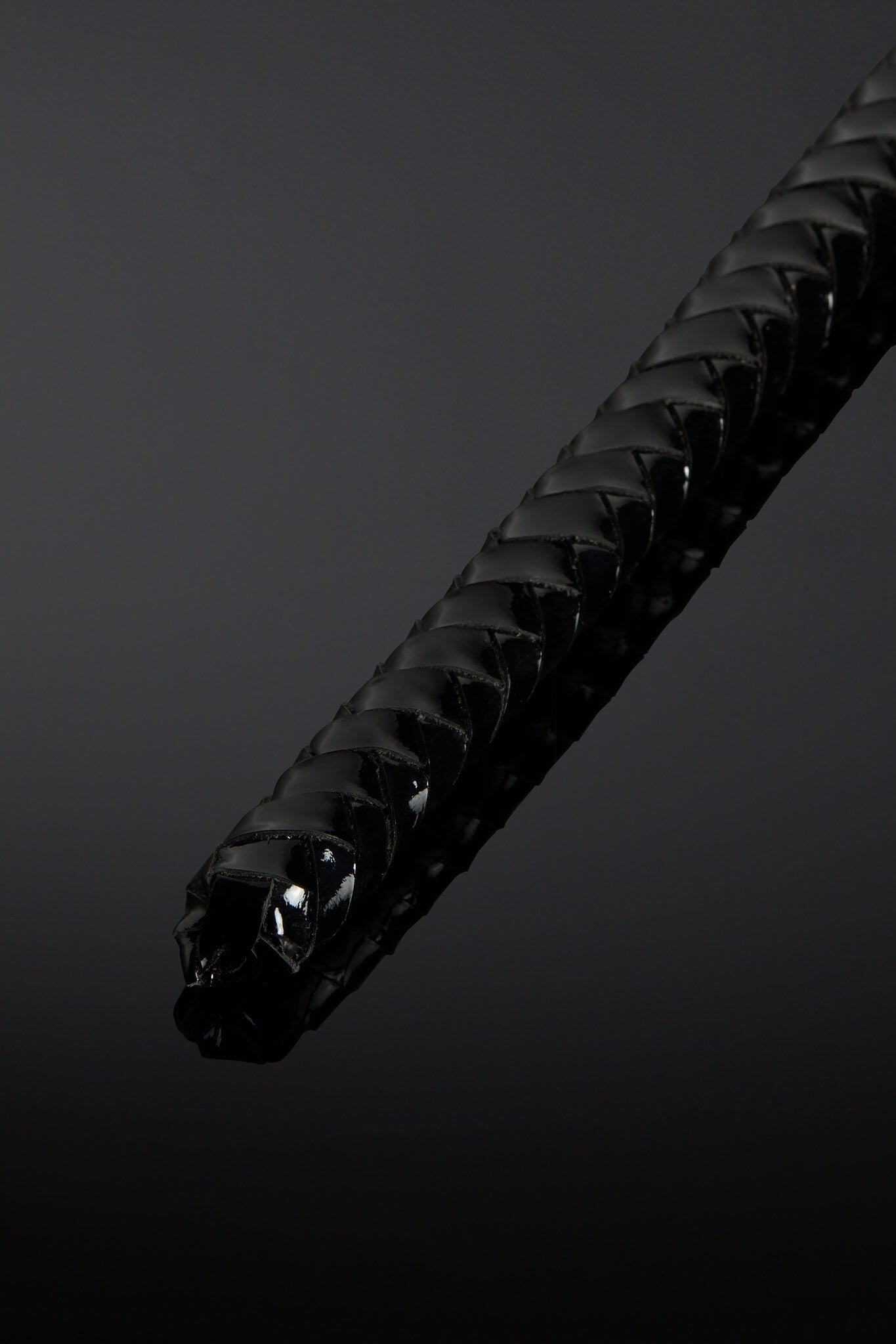 Close-up of a black textured leather tail tip on a dark background