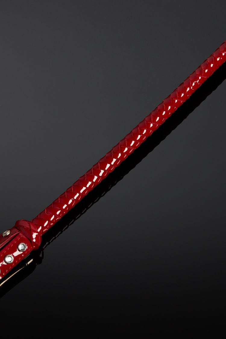 Picture of shiny red leather crop on a black background. 