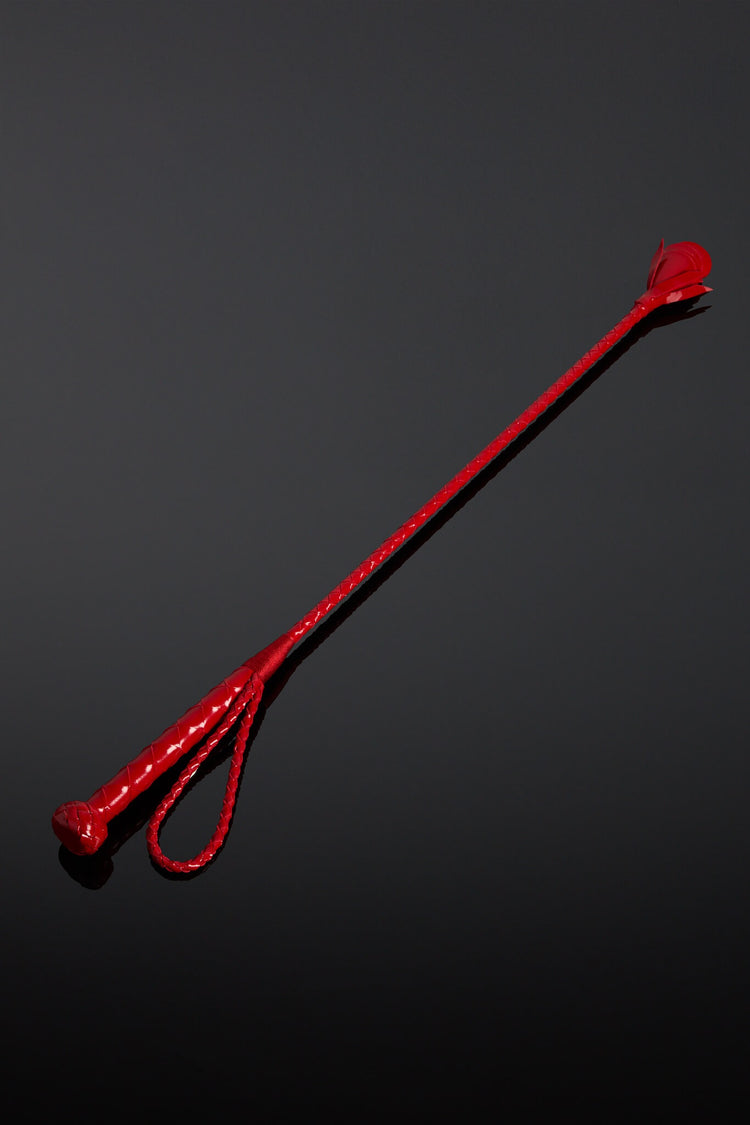 Red leather crop on a black background