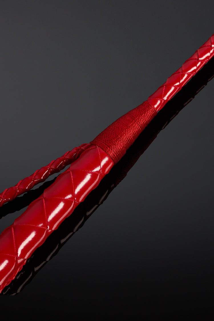 Closeup of leather crop. Red color on black background