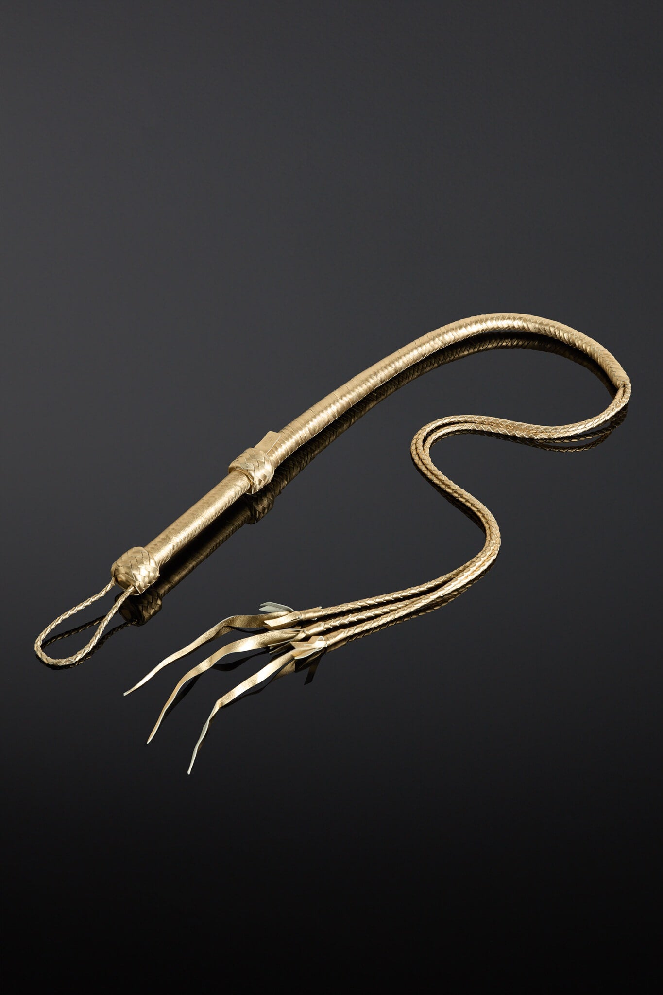 Gold whip with three sharp ends on a black background
