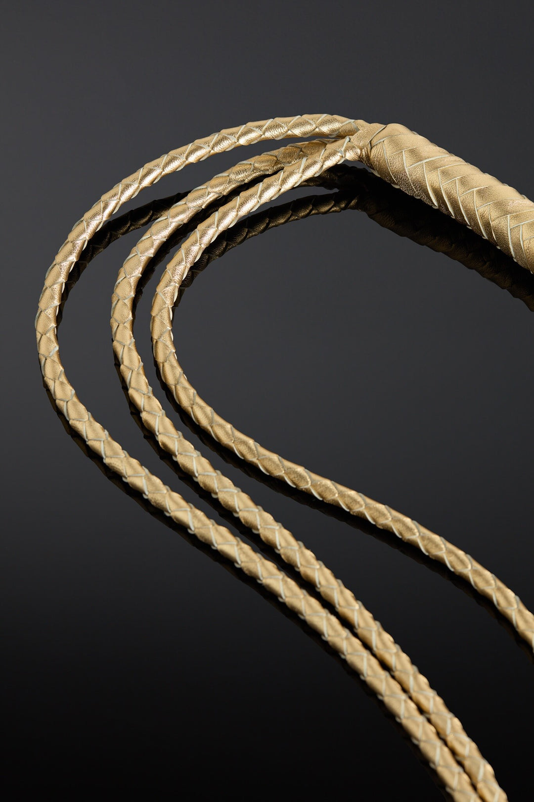 Close-up of braided gold leather cord on a dark background