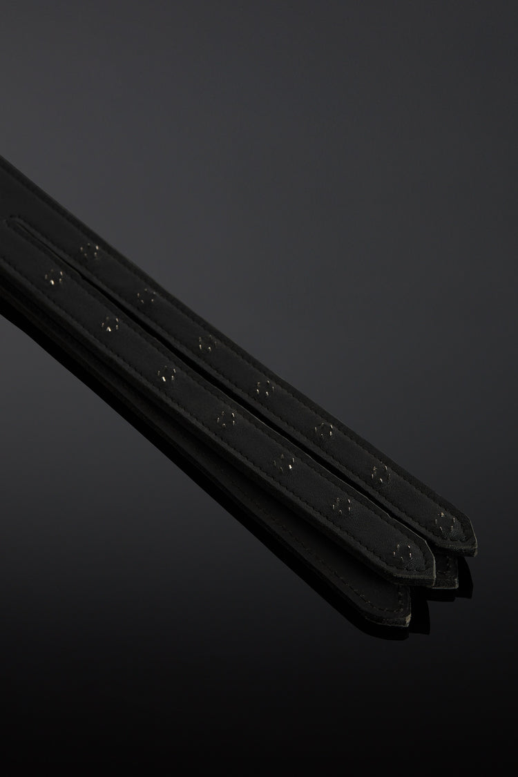 Black leather whip with a metal-adorned handle on a dark background
