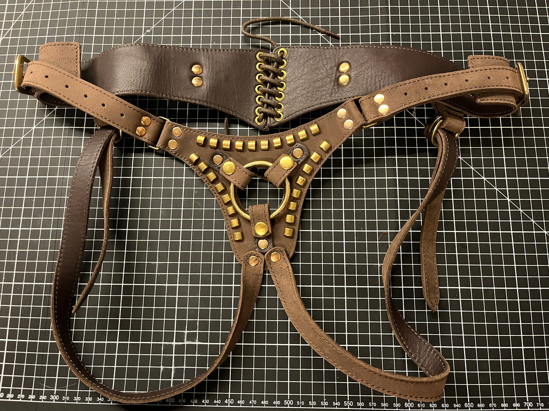 Deep Oiled Italian Leather Strap on harness with gold hardware - Sample