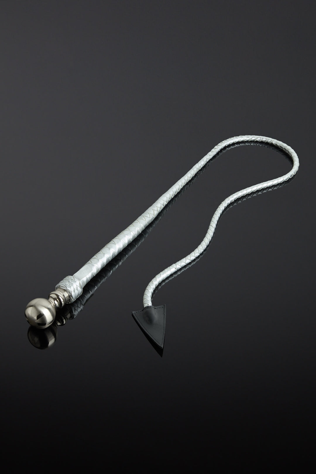 Metallic silver leather whip with a metal handle and pointed end on a reflective black surface