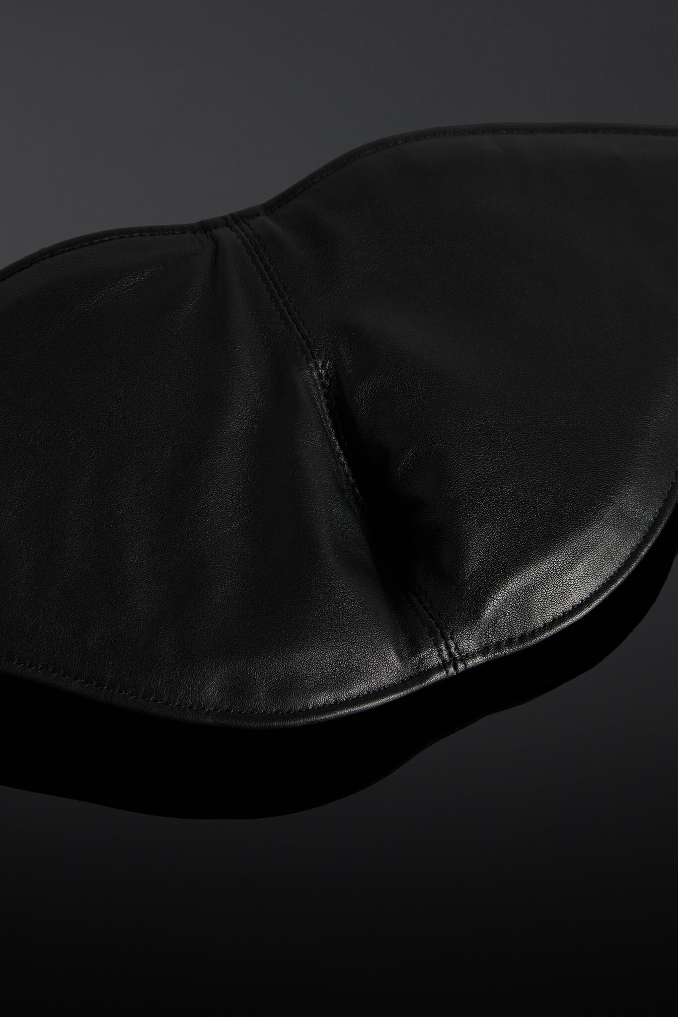 Inner view of mask showing padded leather.  It is on a black background