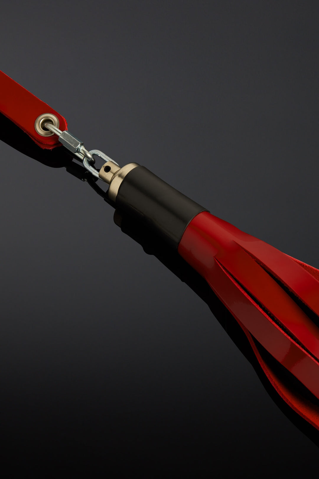 Red and black diving fin on a dark background