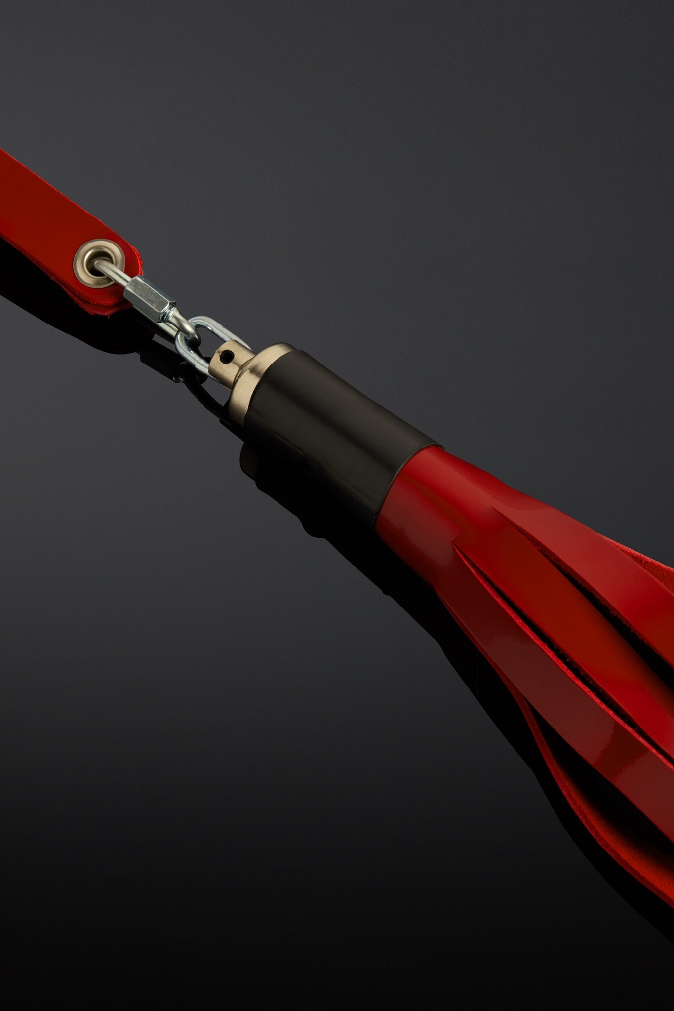 Red and black diving fin on a dark background