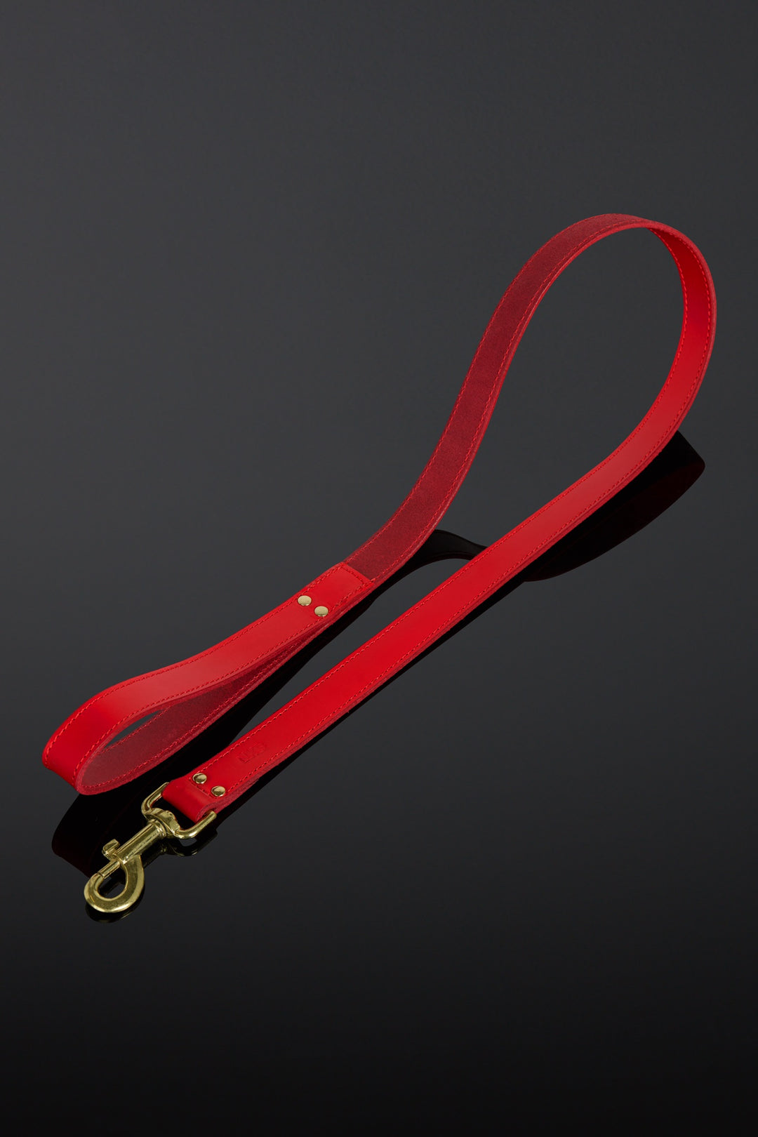 Red leash with a gold clasp on a black background