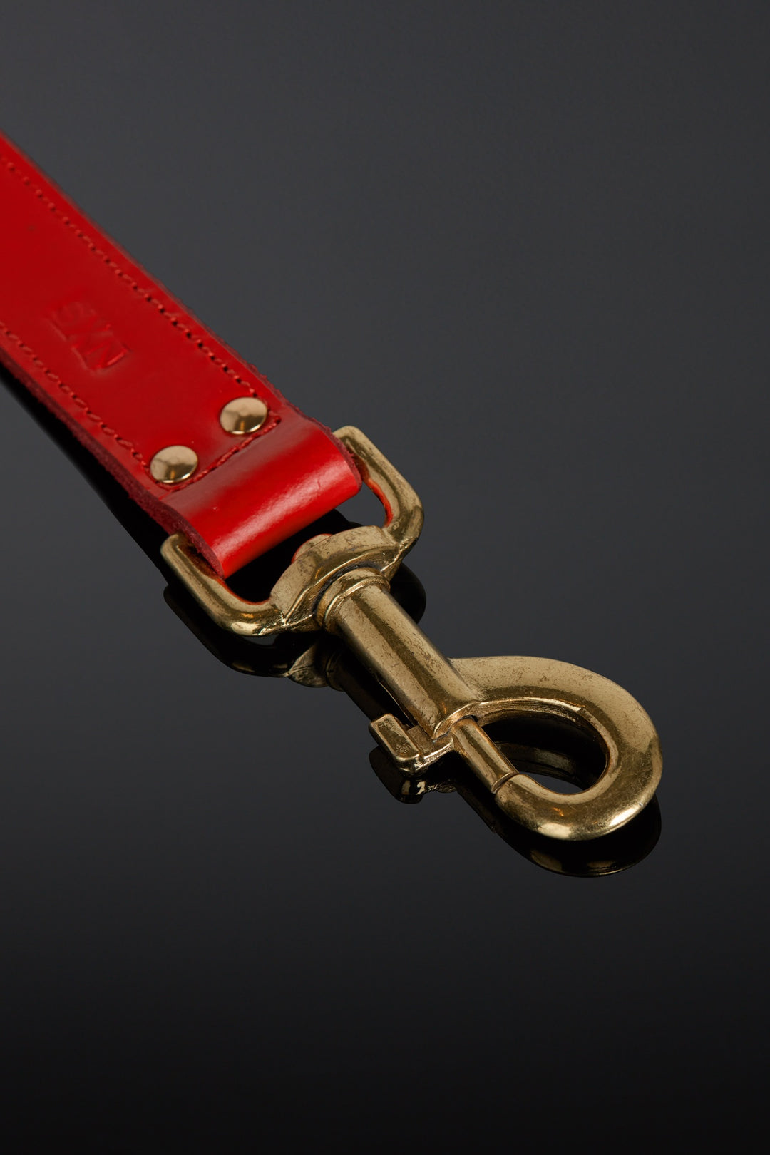 Red leather strap with brass hardware on a black background