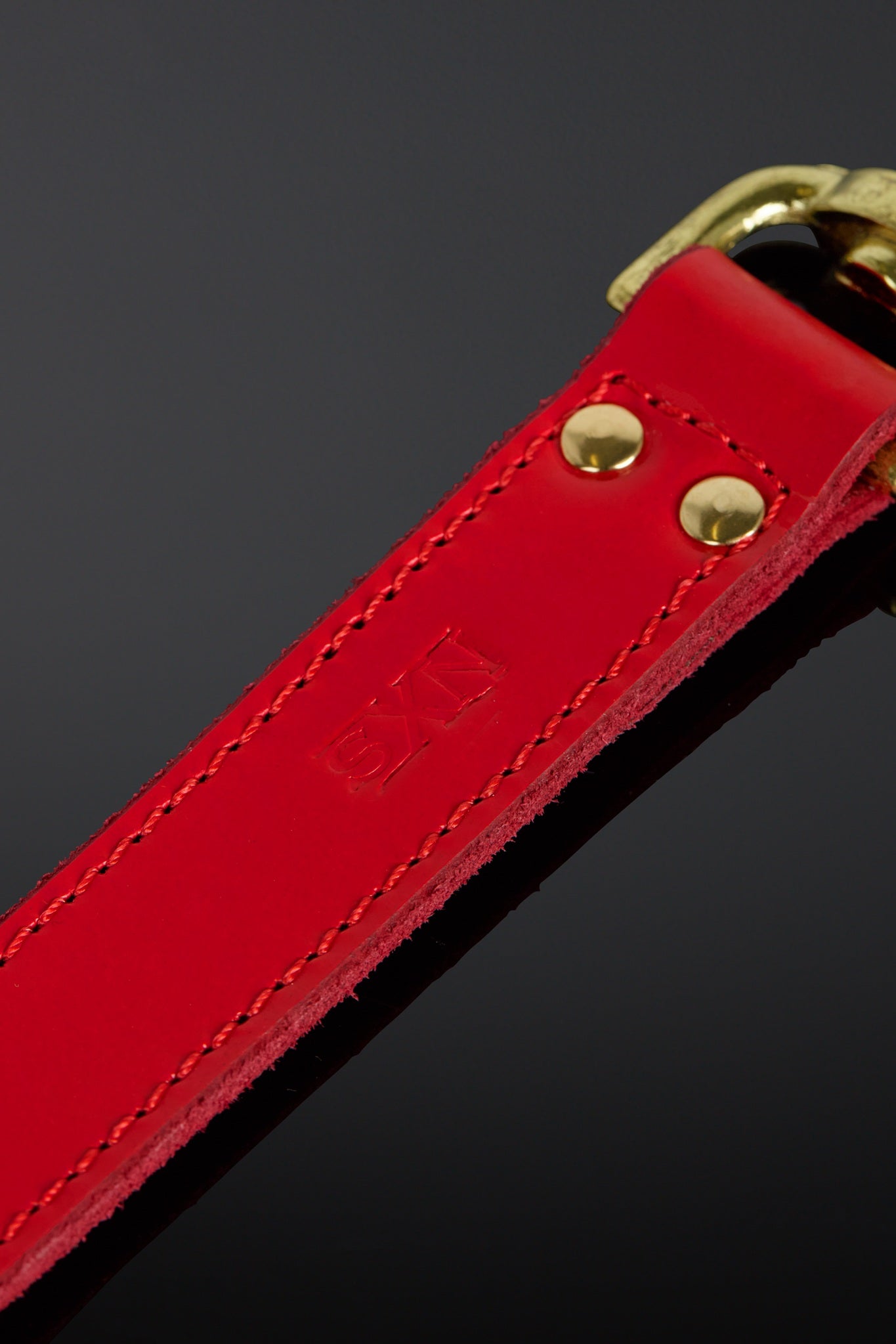 Close-up of a red leather strap with gold hardware on a dark background