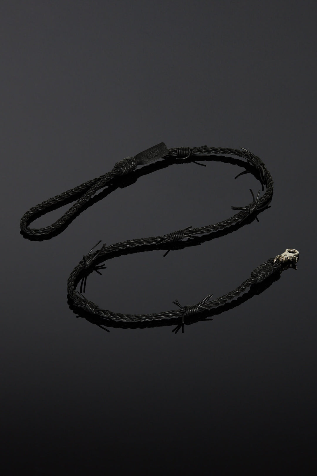 Black braided leather leash with a metal buckle on a black background