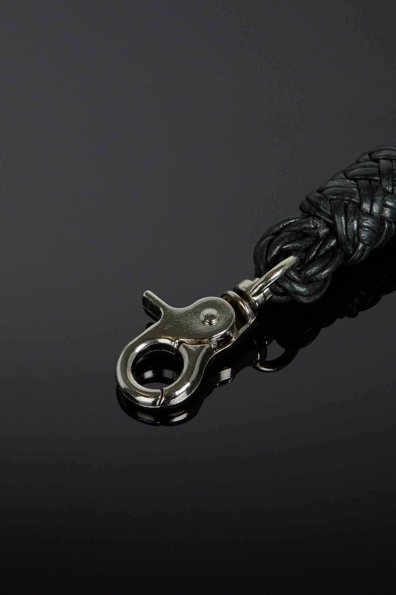 Black braided leather strap with silver clasp on a dark background