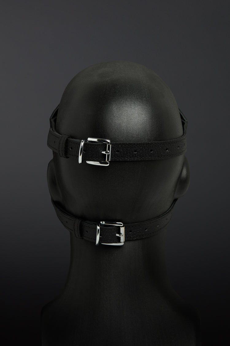 Black leather head harness with metal buckles on a dark background